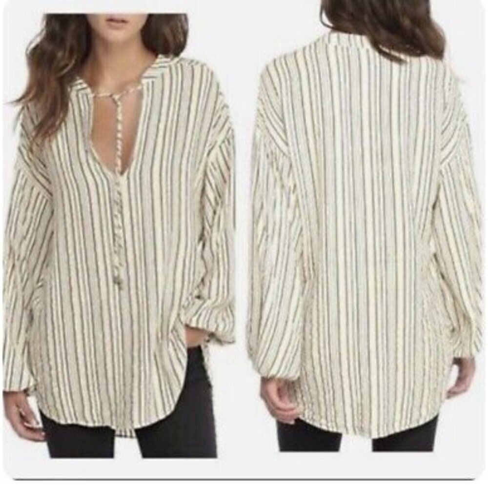 Free People Grey Cream Striped Rhythm Of The Night Tunic‎ Top